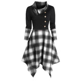 Nukty Women Vintage Plaid Dresses Punk Gothic Patchwork Lace Up Dress Short Sleeve Irregular Dress Summer Feminina Vestidos Mujer