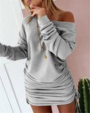 Nukty New Dresses Women Mini Dress Ladies Casual  Women's Dress Sexy Drawstring Pleated Long Sleeve Party Dress Sukienka