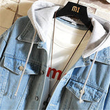 Nukty Denim Jacket Men Hooded Casual Men Jean Jackets Streetwear Solid Color Turn Down Collar Denim Coats Men Jacktes Hat Detachable