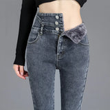 Nukty Thermal Winter Thick Fleece High-waist Warm Skinny Jeans Thick Women Stretch Button Pencil Pants Mom Casual Velvet Jeans