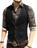 Nukty Slim Mens Vest Tweed Waistcoat Vest Vintage Herringbone V-neck Casual Wool Groomsmen Suits Vest For Wedding XS-5XL