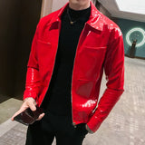 Nukty Shiny Leather Jacket Men's Stage Costume Red Black Brown Nightclub Club Men's Leather Jacket Solid Color Slim Men's Jacket Coats