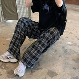 Nukty Black and Pink Plaid Pants Oversize Women Pants High Waist Loose Wide Leg Trousers Ins Retro Teens Straight Trousers Streetwear