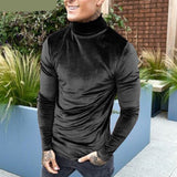 Men Casual T Shirt Velour Solid Color Streetwear Turtleneck Long Sleeve Tops Cozy Undershirts Leisure Camisetas