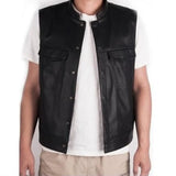 Nukty Stand Collar Sleeveless Men Waistcoat Faux Leather Buttons Closure Pockets Motorcycle Jacket Vest Male Clothes jaqueta masculina