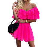 Nukty Off Shoulder Ruffle Short Mini Dress Women Summer Fashion A Line Sundress Robe Female Solid Color Casual Sundress