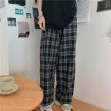 Nukty Black and Pink Plaid Pants Oversize Women Pants High Waist Loose Wide Leg Trousers Ins Retro Teens Straight Trousers Streetwear