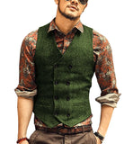 Nukty Burgundy Men's Double-breasted Vest Slim Fit Woolen/Tweed Suit Vest Casual Top Quality Herringbone Pattern Waistcoat For Wedding