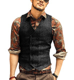 Nukty Burgundy Men's Double-breasted Vest Slim Fit Woolen/Tweed Suit Vest Casual Top Quality Herringbone Pattern Waistcoat For Wedding