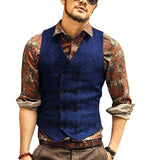 Nukty Burgundy Men's Double-breasted Vest Slim Fit Woolen/Tweed Suit Vest Casual Top Quality Herringbone Pattern Waistcoat For Wedding