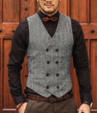 Nukty Burgundy Men's Double-breasted Vest Slim Fit Woolen/Tweed Suit Vest Casual Top Quality Herringbone Pattern Waistcoat For Wedding