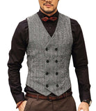 Nukty Burgundy Men's Double-breasted Vest Slim Fit Woolen/Tweed Suit Vest Casual Top Quality Herringbone Pattern Waistcoat For Wedding