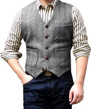 Nukty Men's Suit Formal V Neck Wool Herringbone Tweed Casual Waistcoat Formal Business Vest Groomman For Wedding Green/Black/Brown