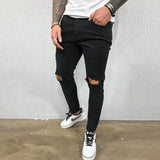 Nukty Men Jeans Knee Hole Ripped Stretch Skinny Denim Pants Solid Color Black Blue Autumn Summer Hip-Hop Style Slim Fit Trousers S-4XL