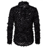 Nukty Sexy Black Feather Lace Shirt Men Fashion See Through Clubwear Dress Shirts Mens Event Party Prom Transparent Chemise S-3XL