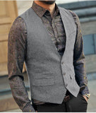 Nukty Slim Mens Vest Tweed Waistcoat Vest Vintage Herringbone V-neck Casual Wool Groomsmen Suits Vest For Wedding XS-5XL