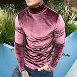 Men Casual T Shirt Velour Solid Color Streetwear Turtleneck Long Sleeve Tops Cozy Undershirts Leisure Camisetas