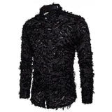 Nukty Sexy Black Feather Lace Shirt Men Fashion See Through Clubwear Dress Shirts Mens Event Party Prom Transparent Chemise S-3XL