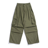 Nukty Multi-Pocket Cargo Pants Mens Safari Style Solid Color Pleated Loose Straight-leg Pants Elastic Waist Casual Trousers Men