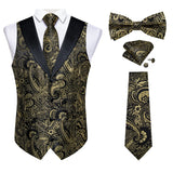 Nukty Brand Suit Vest Set For Men Luxury Silk Black Gold Paisley Dress Vest Tie Cufflinks Handkerchief Set Male Sleeveless Waistcoat