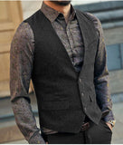 Nukty Slim Mens Vest Tweed Waistcoat Vest Vintage Herringbone V-neck Casual Wool Groomsmen Suits Vest For Wedding XS-5XL