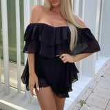 Nukty Off Shoulder Ruffle Short Mini Dress Women Summer Fashion A Line Sundress Robe Female Solid Color Casual Sundress