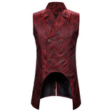 Nukty Wine Red Paisley Jacquard Long Vest Men Double Breasted Lapel Brocade Vest Waistcoat Mens Gothic Steampunk Sleeveless Tailcoat