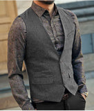 Nukty Slim Mens Vest Tweed Waistcoat Vest Vintage Herringbone V-neck Casual Wool Groomsmen Suits Vest For Wedding XS-5XL