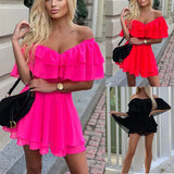 Nukty Off Shoulder Ruffle Short Mini Dress Women Summer Fashion A Line Sundress Robe Female Solid Color Casual Sundress