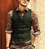 Nukty Burgundy Men's Double-breasted Vest Slim Fit Woolen/Tweed Suit Vest Casual Top Quality Herringbone Pattern Waistcoat For Wedding