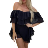 Nukty Off Shoulder Ruffle Short Mini Dress Women Summer Fashion A Line Sundress Robe Female Solid Color Casual Sundress