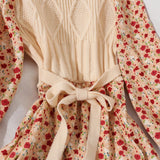 Nukty Autumn Sweater Dresses for Women Winter Splicing Pullover Bow Belt Slim Knitting Sweet Corduroy Floral Print Midi Dress Vestidos
