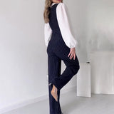 business casual outfits woman 2024 Women's Autumn Contrast Color Stitching Fashion High Waist Striped Straight Jumpsuit Women