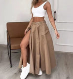 set 2024 Women's Elegant Sleeveless Vest Solid Color Slit Belt Skirt Two-Piece Set