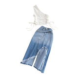 business casual outfits woman Fashion Suit Women's Hot Girl off-Shoulder Slim-Fit Short Top Two-Piece High Waist Split Denim Skirt Summer