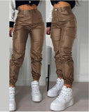 lookbook outfits Autumn and Summer Women's Motorcycle Zipper Pleated Pocket Fashion Pu Casual Patch Bag Tight Skinny Pants