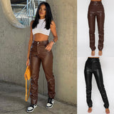 lookbook outfits 2024 Autumn and Winter New Pure Color PU Leather Slim-Fit Leisure Pants for Women