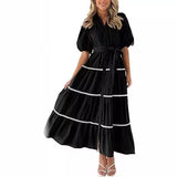 Nukty 2024 Women's Clothing Puff Sleeve Lace Layered Pleated Short-sleeved Shirt Dress