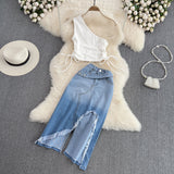 business casual outfits woman Fashion Suit Women's Hot Girl off-Shoulder Slim-Fit Short Top Two-Piece High Waist Split Denim Skirt Summer