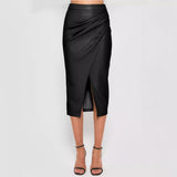 fall fashion outfits Women's Pu Split Skirt Autumn and Winter High Waist Zipper Pleated Leather Skirt Sexy Hip Skirt