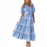 Nukty 2024 Women's Clothing Puff Sleeve Lace Layered Pleated Short-sleeved Shirt Dress