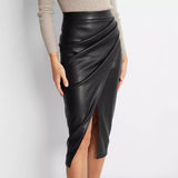 Nukty-shop fall fashion outfits Women's Pu Split Skirt Autumn and Winter High Waist Zipper Pleated Leather Skirt Sexy Hip Skirt