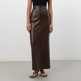 Nukty fall fashion outfits Autumn French Style Brown Fleece-lined Leather High Waist Slim Straight Skirt Leather Skirt Versatile Retro Sexy Split Skirt