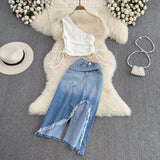 business casual outfits woman Fashion Suit Women's Hot Girl off-Shoulder Slim-Fit Short Top Two-Piece High Waist Split Denim Skirt Summer