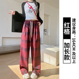 fall outfits aesthetic Retro Plaid Pants Women's Straight Pants Autumn and Winter New Brushed American Casual Pants High Waist Slimming Narrow Wide Leg Pants