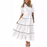 Nukty 2024 Women's Clothing Puff Sleeve Lace Layered Pleated Short-sleeved Shirt Dress