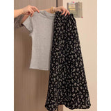 Nukty-shop teacher outfits 2024 Black Floral Skirt Women's Summer High Waist Midi Skirt A- Line Skirt Temperament Short Sleeve T-shirt Two-Piece Suit