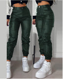 lookbook outfits Autumn and Summer Women's Motorcycle Zipper Pleated Pocket Fashion Pu Casual Patch Bag Tight Skinny Pants