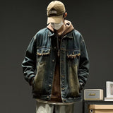 black men fashion urban Denim Coat Men's Autumn and Winter American High Street Fashion Retro Top Washed Distressed Loose Simple Jacket