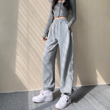 Nukty-shop clothes Gray Sports Pants for Women Spring and Autumn New High Waist Loose Wide Leg Pants Ankle-Tied Sweatpants Slim Casual Pants Straight Pants